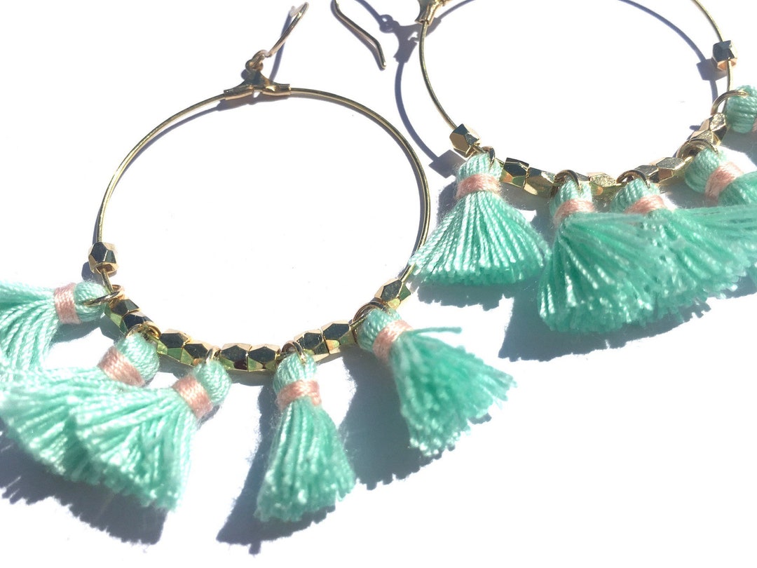 Mint & Pink Tassel Hoop Earrings Etsy