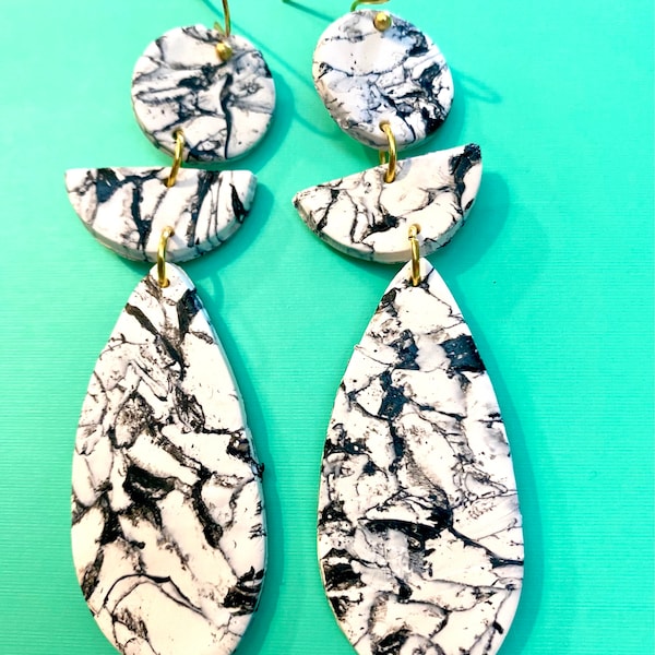 Black & White Marbled Clay Drop Earrings