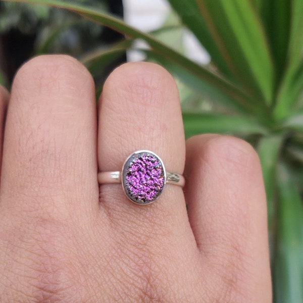 Druzy Ring-Minimalist Jewellery-925 Sterling Silver Ring-Oval Purple Titanium Druzy Ring-Gift for her-Promise Ring
