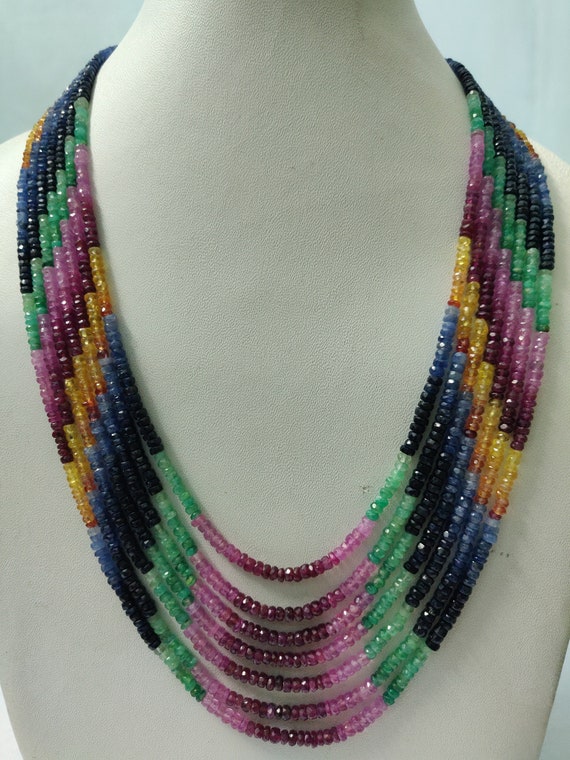 Multi Gem Natural Emerald Ruby Sapphire Necklace Magnificent Rainbow Beads