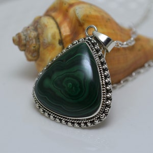 Heart Malachite Pendant: Boho 925 Sterling Silver Statement Jewelry