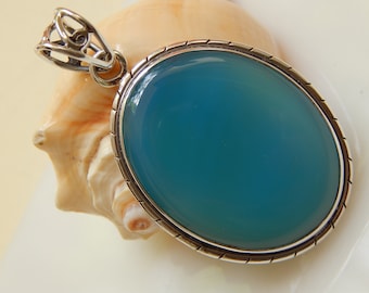 Aqua Blue Chalcedony 925 Sterling Silver Pendant: Sagittarius Birthstone