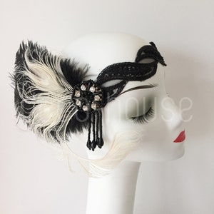 Black White Feather Flapper Crystal Headband Gatsby Party Art Deco Fascinator