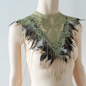 Gothic Gold Coque Feather & Lace Neckline Collar Shrug Cape Necklace steampunk carnival Halloween