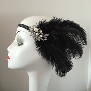 Ostrich Feather 20s Flapper Rhinestone Headband Head Dress Bridal Hair Wedding