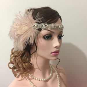 Dusty Pink Peacock Feather Pearl & Crystal Headband Gatsby Party Wedding Fascinator