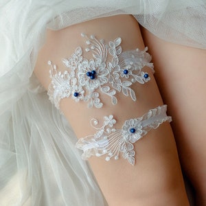Wedding Bridal Lace Garter Set Blue Pearls Flowers Hen Night Wedding Gift