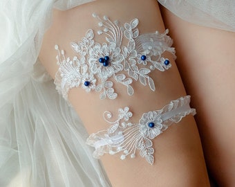 Mariage Mariage Dentelle Jarretière Set Perles Bleues Fleurs Poule Nuit Cadeau de Mariage