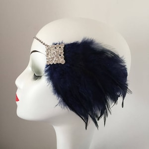 Navy Blue Feather Headband Gatsby Party Bridal Costume Evening Dress Headpiece