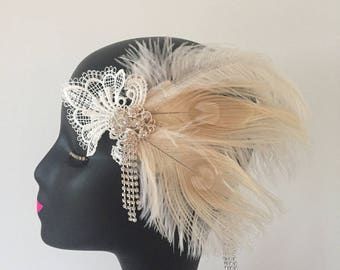 Lace Peacock Feathers Flapper Crystal Headband Gatsby Party Art Deco Fascinator