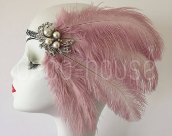 Dusty Pink Ostrich Feather Headband Headpiece Gatsby Wedding Hen Night Costume Dress Accessories