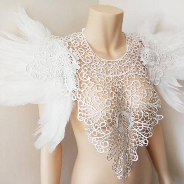 White Angel Feather & Lace Collar Shrug Wrap Wings Festival Costume carnival Halloween steampunk