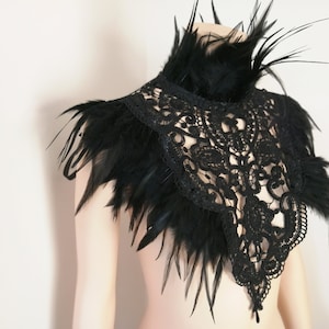 Gothic Black Coque Feather & Lace Collar Shrug Choker Burlesque Festival Costume carnival Halloween