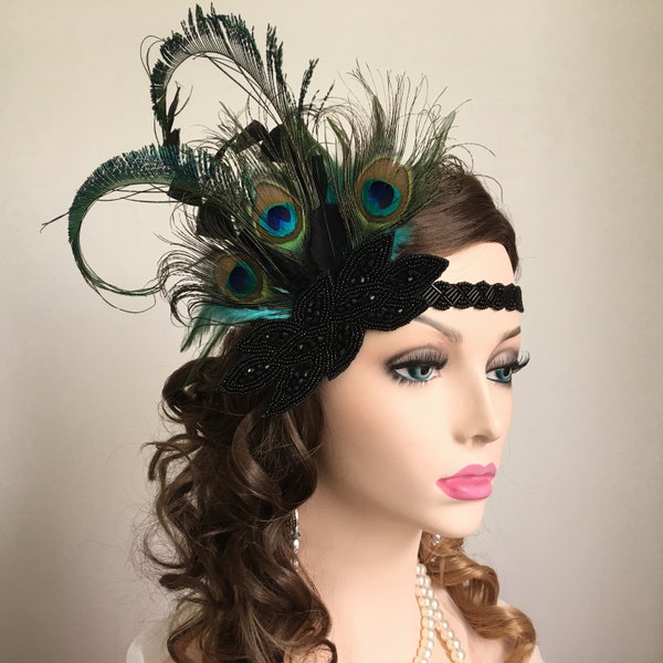 Peacock Feather Flapper Headband  1920s Gatsby Party Hair Jewellery Fascinator