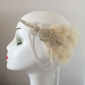 Ivory Peacock Feather 20s Flapper Rhinestone Headband Head Dress Bridal Hair Wedding