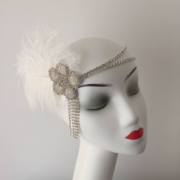 Ivory Feather 20s Flapper Rhinestone Headband Head Dress Bridal Hair Wedding