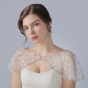 Crystal Beaded Bridal Wraps Lace Bateau Wedding Shawl Jacket Bolero Shrug