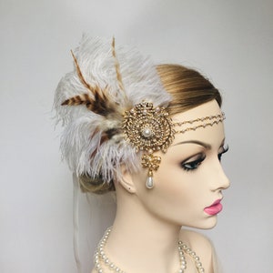 Ostrich Feather & Rhinestone Headband Headpiece Flapper Gatsby Party Art Deco Fascinator