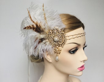 Ostrich Feather & Rhinestone Headband Headpiece Flapper Gatsby Party Art Deco Fascinator