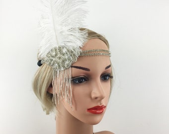 Ostrich Feather Head Dress Headband with Rhinestone 20s Gatsby Party
