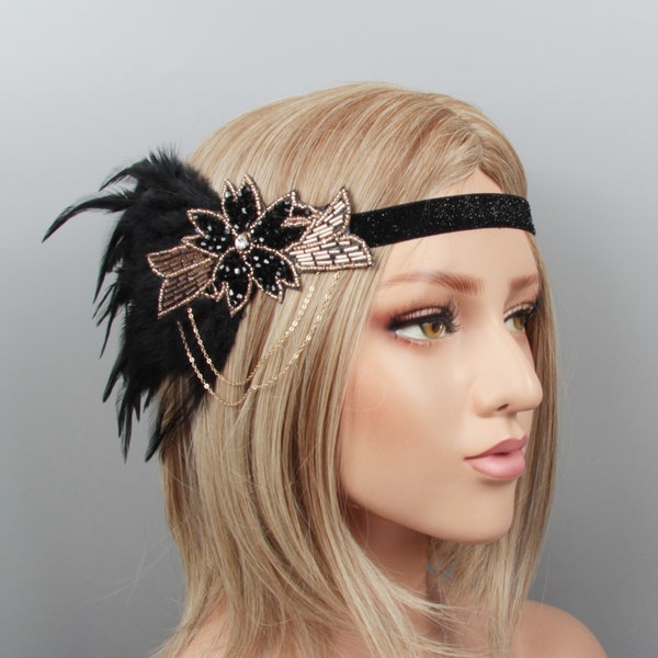 1920s Flapper Hair Accessories Gold & Black Feather Headband Head Dress Headpiece