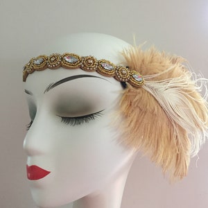 Gold Ostrich Feather Head Dress Headband with Rhinestone Flower Gatsby Party