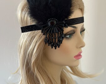 1920s Flapper Hair Accessories Champagne Gold or Gothic Black Feather Headband Head Dress Headpiece