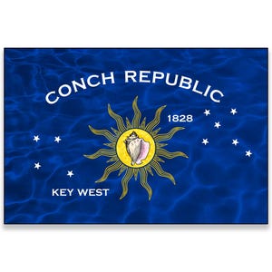 May include: A rectangular flag with a blue background and white text that reads "CONCH REPUBLIC" and "KEY WEST". The flag features a yellow sun with a conch shell in the center and white stars.