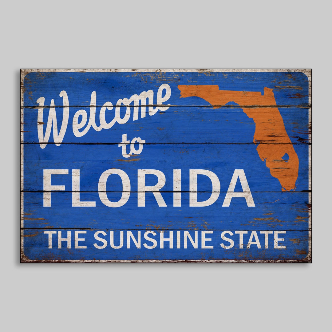 Florida Welcome Retro Style Canvas on Wood Sign Signage Wooden Sunshine ...