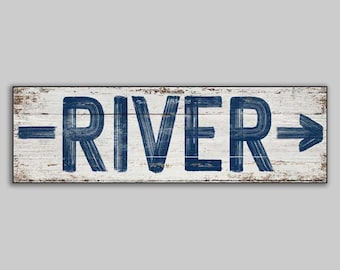 River Arrow Rustic Canvas Mounted Sign, Distressed Wood Print Decor
