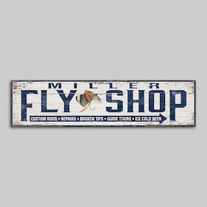 Personalized Fly Shop Sign, Rustic Wood Decor, Fishing Wall Art, Rods, Repairs, Guide Tours