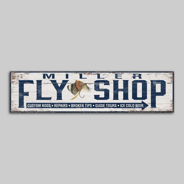 Fly Shop Sign Personalized Name Glicee Canvas Print on Wood Decor Fishing Files Fish wooden handmade home decor wall
