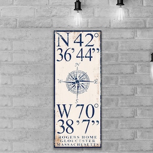 GPS Coordinates Canvas Print on wood Latitude Longitude Nautical handmade Folk Art sign decor sign wall decor store cottage signs