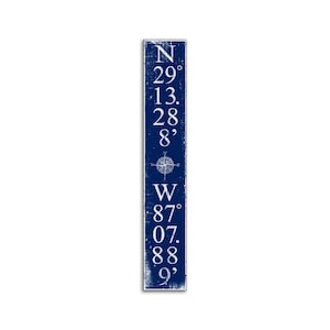 Personalized Navy Latitude Longitude Canvas on Wood Vertical Coordinate Sign Nautical Compass Decor wooden handmade home decor wall signs
