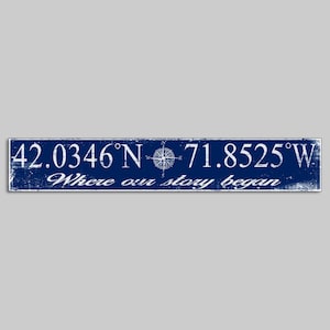Navy Where Our Story Began Latitude Longitude canvas print on wood Coordinate Sign Nautical Compass Decor wooden handmade home decor wall