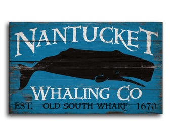 Nantucket Whaling Co Canvas Print On Wood Wall Decor Sperm Whale Moby Dick wooden Nautical  handmade Folk Art sign decor sign wall signs