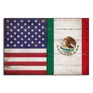 USA/Mexico canvas on wood Flag Sign American Mexican Flags wooden United States Home Wall Decor print printed sign decor wall signs