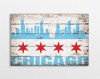Chicago Flag City Skyline canvas print on wood  Flags wooden sign