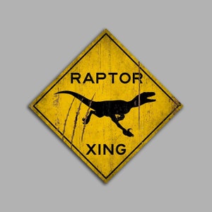 RAPTOR XING Sign Velociraptor crossing Dinosaur Warning canvas on Wood Decor wooden home decor wall signs (Indoor Use Only)