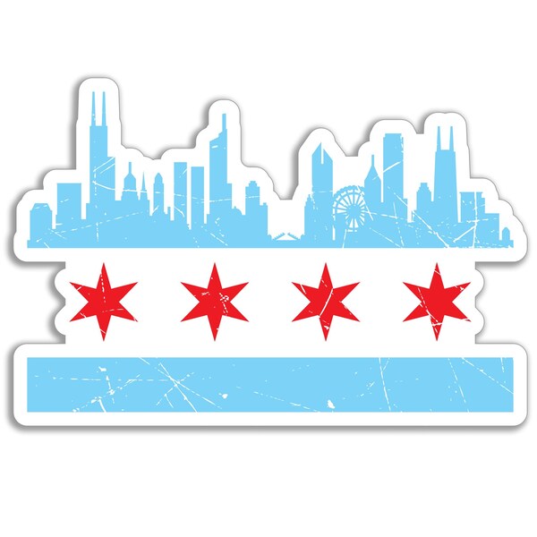 Chicago Flag Skyline Sticker: Distressed Vinyl Decal (2 Inch)