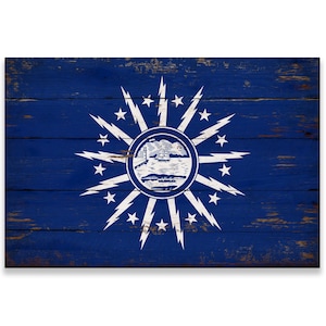 May include: A rectangular wooden sign with a distressed blue background. The sign features the Buffalo, New York city flag design, with a white emblem in the center surrounded by stars and lightning bolts. The wood grain is visible.