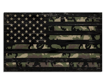 May include: A black and green camouflage American flag with a distressed woodgrain texture. The stars are white and the stripes are red, white, and blue.
