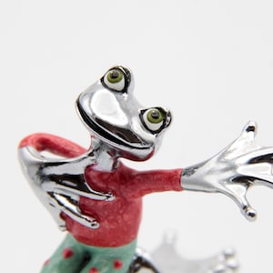 Quirky Chrome/Stainless Steel Enamelled Frog Ring Holder, Kneeling Frog