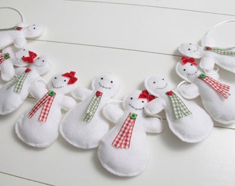 Handmade Wool Blend Felt Christmas Snowman Bunting Garland, Snow Boys and Girls