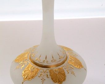 Antique French Opaline Bud Vase, Hand Painted Gold Gilding 1800's