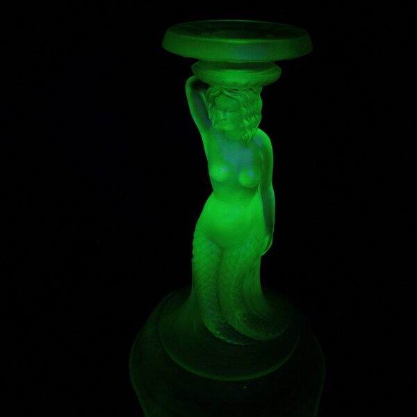 RESERVEDGlass Candlestick, Uranium Glass, Art Deco, Nymphen, Mermaid, Auguste Walther and Sohne, Germany, 1930's, Rare Antique Glass