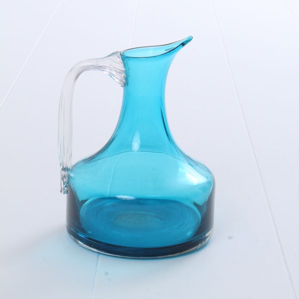Vintage Whitefriars Kingfisher Blue Wide Bottomed Jug with Clear Handle #9719