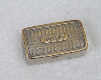 Tiny Vintage Hinged Brass Tin, Snuff Box, Tobacco Tin ''LU-KU'' Embossed lid