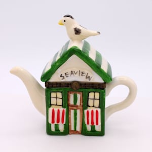 Vintage Ceramic Hinged Trinket Box, Pillbox, Sea View Cottage Teapot Shaped Trinket Box