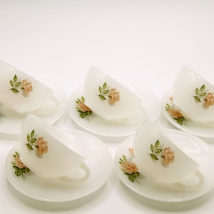 Arcopal Tea Set, Opalescent Tea Set, Vintage Arcopal Cups & Saucers, White Glass with  Peach Rose Motif, French Arcopal Glassware